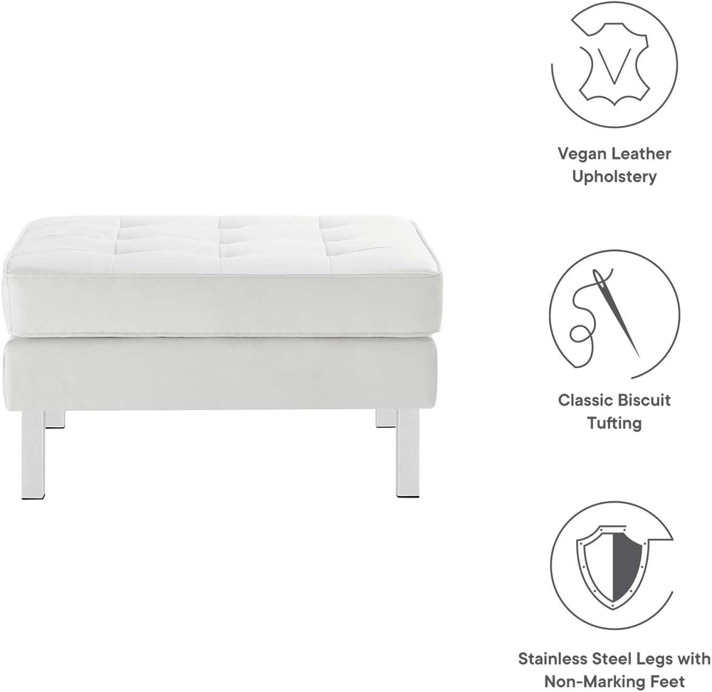 Modway Loft Tufted Button Faux Leather Upholstered Square Ottoman in Silver W...