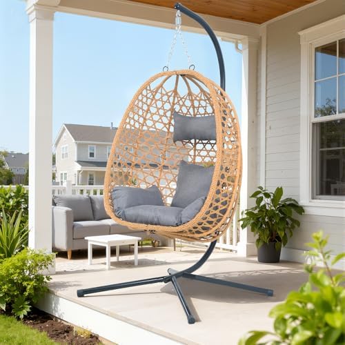 Outdoor Hanging Egg Chair with Stand,Patio Rattan Hammock Chair,Grey