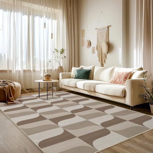 Area Rug 5x7 Modern Geometric Rug Neutral Beige Brown Abstract Mid Century Mo...