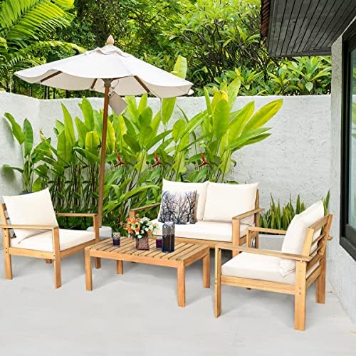 HAPPYGRILL 4 Piece Patio Furniture Set Outdoor Conversation Set Wood Sofa Tab...