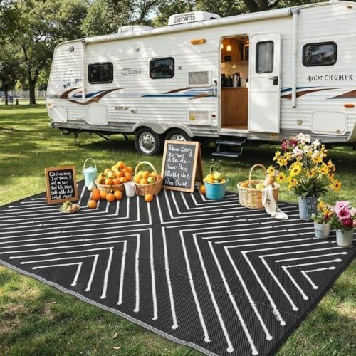 Garvee 5x8 Black and White Striped Outdoor Waterproof Rug Reversible Plastic ...