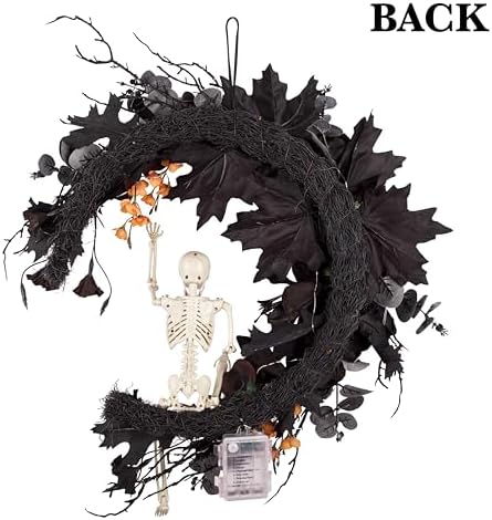 20" Pre-lit Halloween Black Moon Wreath with Poseable Skeleton, Handmade...