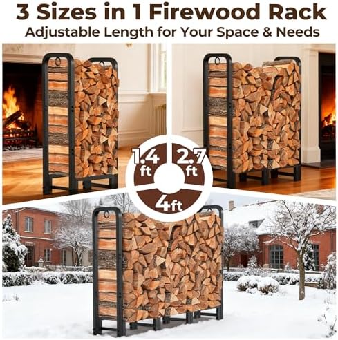 Amagabeli 4ft Firewood Rack Stand Adjustable Indoor Outdoor Fireplace Log Hol...