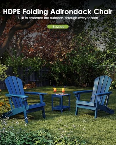 GREENVINES Folding Adirondack Chairs Set of 4 w/Cup Holder, HDPE, Blue