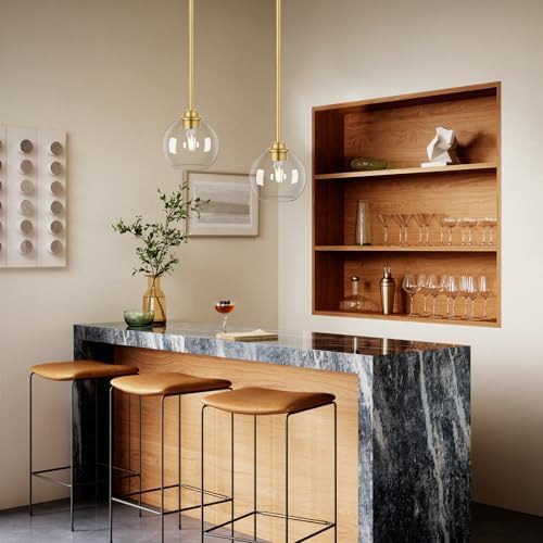 Gold Pendant Light Fixtures 2 Pack, Globe Pendant Lights with Clear Glass Sha...