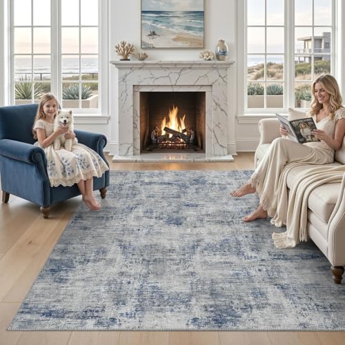 DEXI 6x9 Abstract Area Rugs for Living Room, Washable Rug for Bedroom, Blue