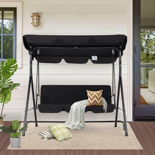 Esright 3-Seat Outdoor Porch Swing Chair with Adjustable Canopy, Balck