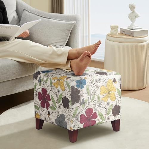 Adeco Floral Printed Linen Ottoman, 16.3" Upholstered Cube Foot Stool wi...