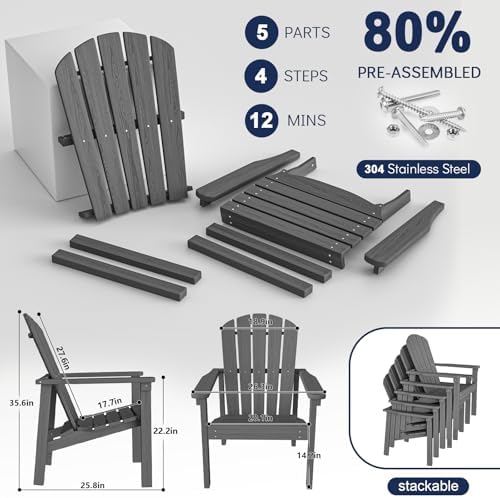 nevilywood Stackable Adirondack Chair, HDPE Outdoor Chair Set of 4, Grey