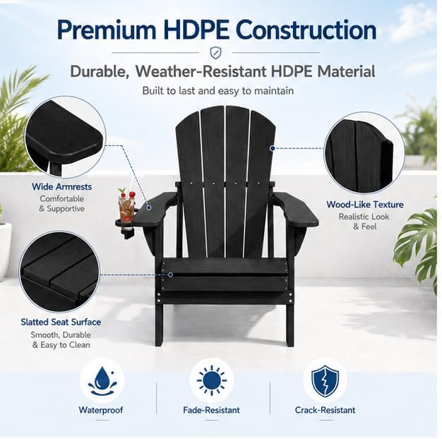 Folding Adirondack Chairs Set of 6 with Cup Holders, Heavy Duty HDPE Plastic ...