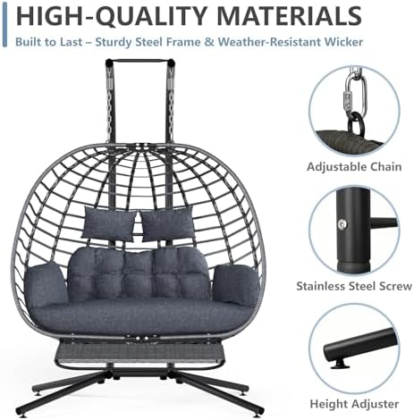SWITTE Double Egg Chair Outdoor with Stand & Footrest, Patio Swing, Gray