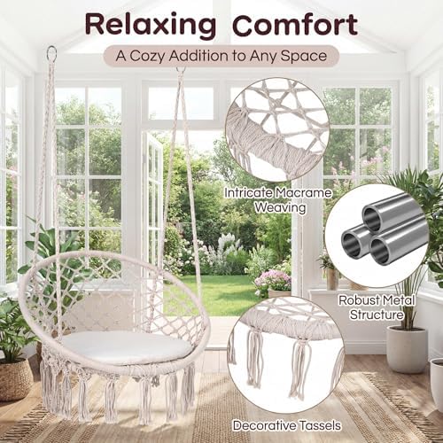 Giantex Hammock Chair Macrame Swing, Boho Swing Chair with Round Seat Cushion...