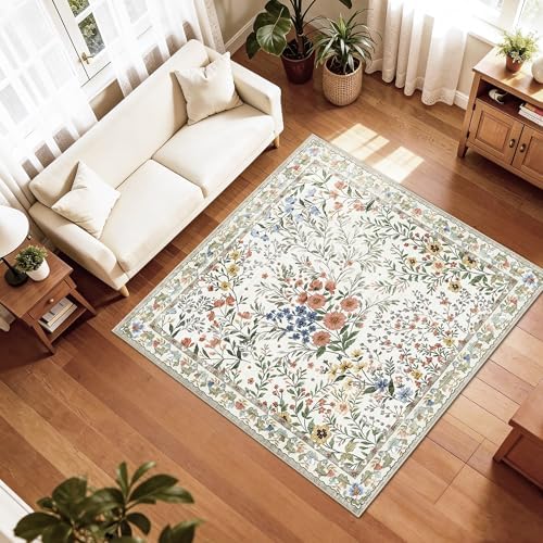 5x5 Living Room Area Rug Washable: Floral Non-Slip Mats for Indoor Floor Entr...