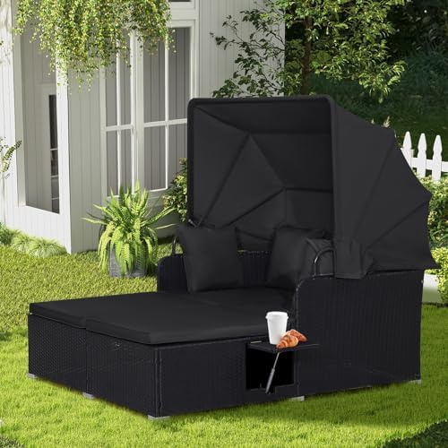RELAX4LIFE Patio Outdoor Daybed with Canopy, Wicker Sunbed w/Cushions, 4 Pill...