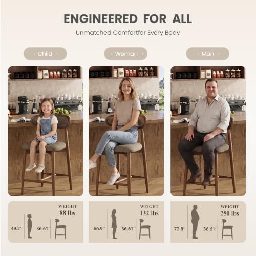 Wooden Bar Stools Set of 2, 24.8” Counter Height Stools with Rubberwood Legs ...