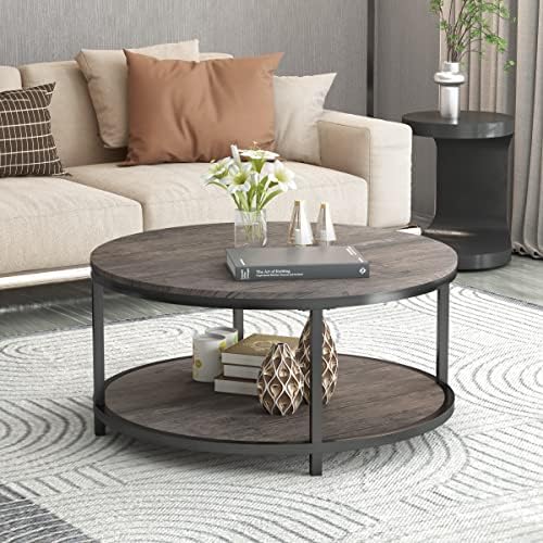 NSdirect Round Coffee Table,36" Coffee Table for Living Room,2-Tier Rust...