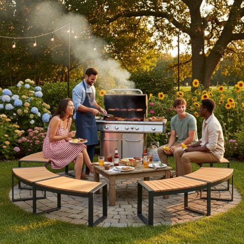 Tangkula Patio Curved Bench, Acacia Wood Fire Pit Bench w/Slatted Seat & ...