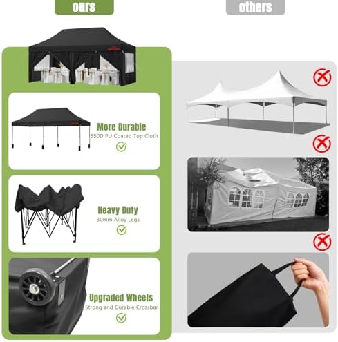 10x20 Heavy Duty Commercial Pop Up Canopy with Sidewalls, Black