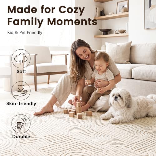 Etwel 5x7 Beige Modern Geometric Textured High-Low Pile Washable Area Rug