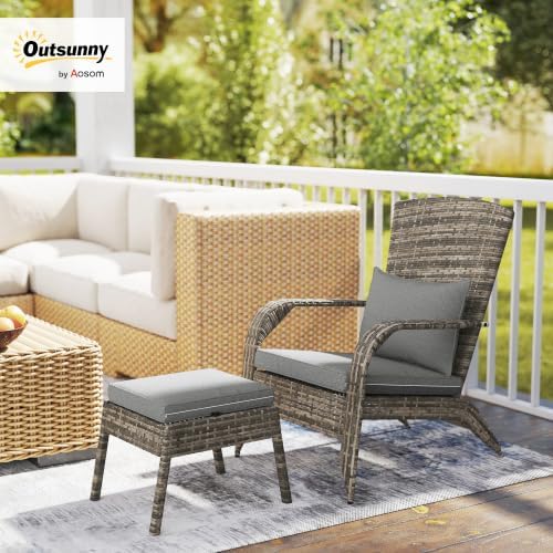 Outsunny Patio Wicker Adirondack Chair with Ottoman High-Back Gray