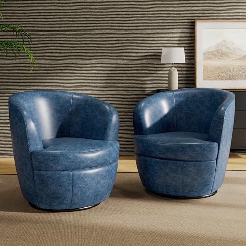 Oversized Swivel Barrel Chair, Comfy Reading Armchair, Navy Blue, Set of 2