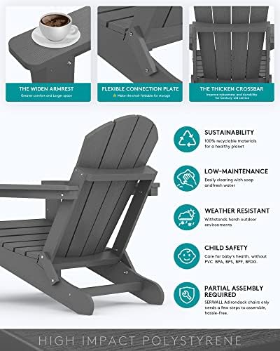 SERWALL Folding Adirondack Chair with Cup Holder Set of 2, Fire Pit - Gray