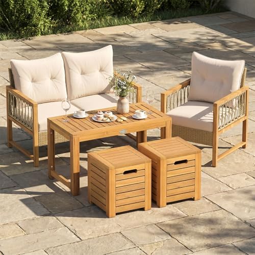 Tangkula Acacia Wood Outdoor Coffee Table with Stools Set of 2, 3 Pieces Pati...
