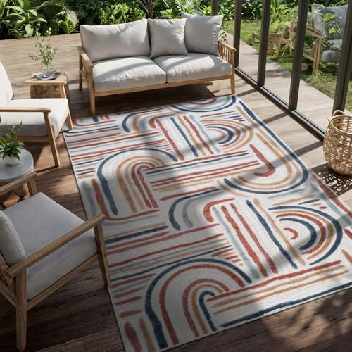 CAMILSON Indoor Outdoor Rug, Multicolor 10x14 Geometric Arch Striped Large Ar...
