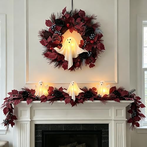 HipTree 20 Inch Lighted Ghost Halloween Wreath for Front Door
