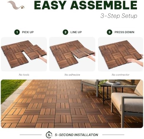 VICTORY RELAX Natural Acacia 12x12 Interlocking Wood Deck Tiles for Balcony, ...