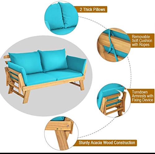 Tangkula Convertible Acacia Wood Patio Couch Sofa Bed with Adjustable Armrest...