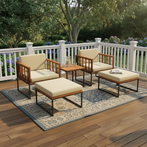 Tangkula 5 Pieces Acacia Wood Patio Furniture Set with Ottomans, Outdoor Conv...