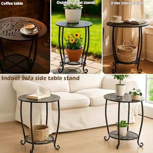 2-Tier Metal Round Side Table Set of Two Black Accent Coffee Tables Small Spa...
