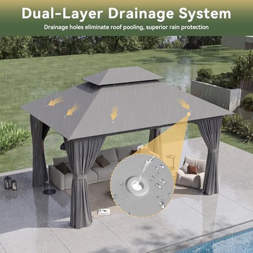 12'x10' Gazebo with Light, Outdoor Gazebo with Double Roofs