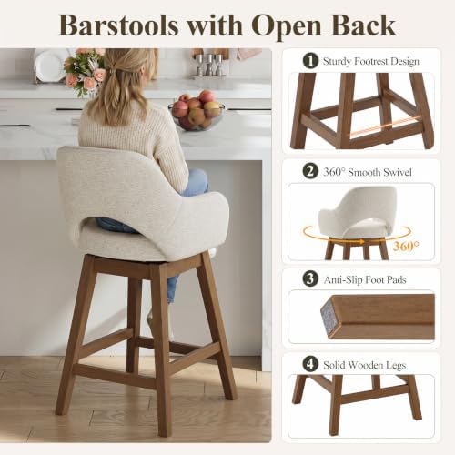 Swivel Bar Stools Set of 2, Modern Fabric Upholstered Counter Height Stools w...