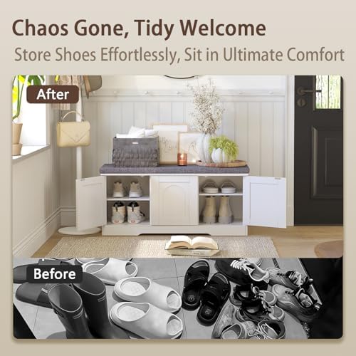 DINZI LVJ Shoe Storage Bench with Cushion, Door, White 39.4" LX17.7 H