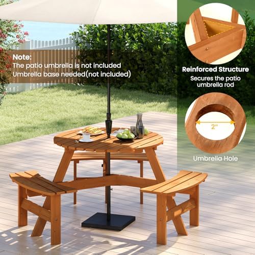 Tangkula 6-Person Wood Picnic Table, Outdoor Round Table and Bench Set with 3...