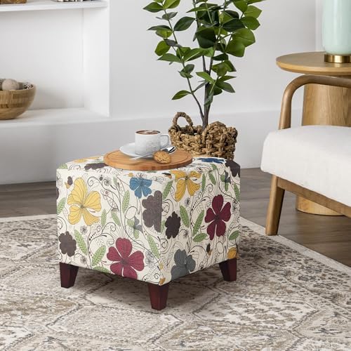 Adeco Floral Printed Linen Ottoman, 16.3" Upholstered Cube Foot Stool wi...