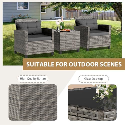 JAMFLY 3 Piece Wicker Patio Furniture Set - Outdoor Rattan Conversation Set w...
