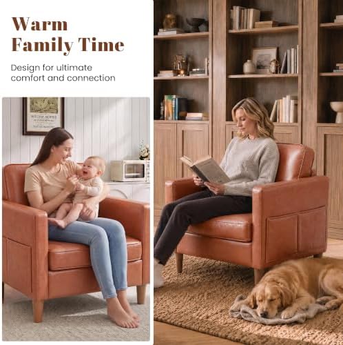 Faux Leather Accent Chair Mid Century Modern Armchair for Living Room