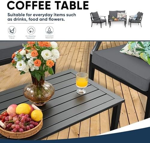 4-Piece Patio Conversation Set,Oversized Outdoor Metal Furniture Set with Tab...