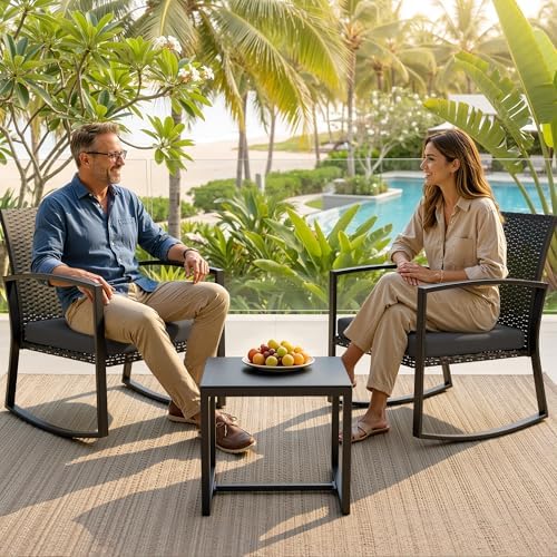 Rocking Patio Bistro Sets - All-Weather - 3 Piece Rattan Conversation Furnitu...
