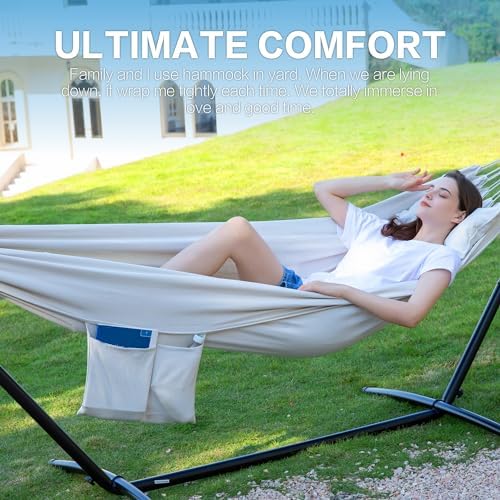 PNAEUT Double Hammock with Stand for Outside, Heavy-Duty, Portable (Beige)