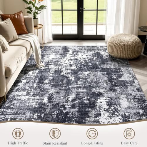Sasttie 5x7 Washable Area Rug, Modern Abstract Carpet, Black & White