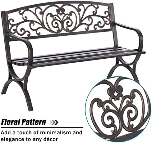 MFSTUDIO 50 Inches Outdoor Garden Bench Cast Iron Metal Frame Floral Bronze