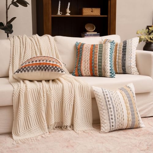 Boho Chenille Tufted Throw Pillow Covers 18x18 Inch Set of 2 Farmhouse Beige ...