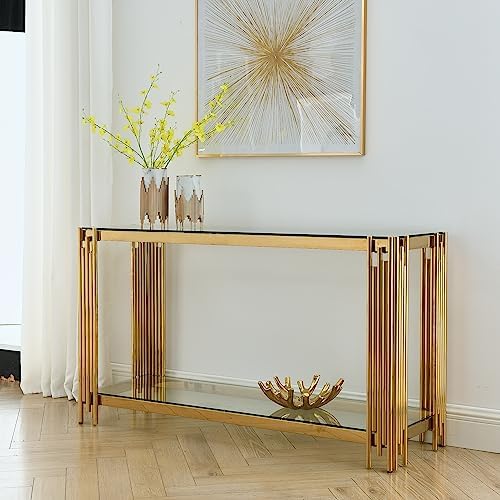 Modern Glass Console Table, 55" Gold Sofa Table with Sturdy Metal Frame ...