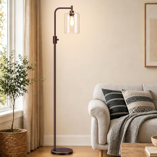 【Upgraded】 Dimmable Floor Lamp for Living Room with Glass Lampshade, Brown wi...