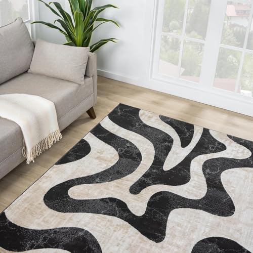 Beige Black Swirl Modern Area Rug – 9' x 12' – Contemporary Abstract ...