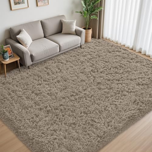 8x10 Area Rug for Living Room,Grey Camel Fluffy Shag Non-Slip Bedroom Rugs